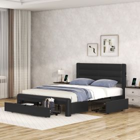 Queen Size Bed Frame with Drawers Storage, Leather Upholstered Platform Bed with Charging Station, Black