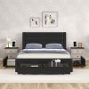 Queen Size Bed Frame with Drawers Storage, Leather Upholstered Platform Bed with Charging Station, Black