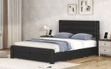 Queen Size Bed Frame with Drawers Storage, Leather Upholstered Platform Bed with Charging Station, Black