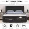 Queen Size Bed Frame with Drawers Storage, Leather Upholstered Platform Bed with Charging Station, Black