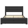 Queen Size Bed Frame with Drawers Storage, Leather Upholstered Platform Bed with Charging Station, Black