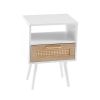 15.75" Rattan End table with drawer and solid wood legs; Modern nightstand; side table for living roon; bedroom; white