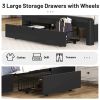 Queen Size Bed Frame with Drawers Storage, Leather Upholstered Platform Bed with Charging Station, Black