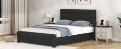 Queen Size Bed Frame with Drawers Storage, Leather Upholstered Platform Bed with Charging Station, Black