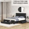 Queen Size Bed Frame with Drawers Storage, Leather Upholstered Platform Bed with Charging Station, Black