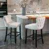 Contemporary Velvet Upholstered Wing-Back Barstools with Button Tufted Decoration and Wooden Legs;  and Chrome Nailhead Trim;  Leisure Style Bar Chair