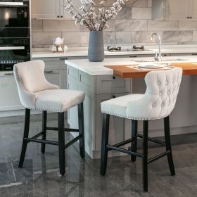 Contemporary Velvet Upholstered Wing-Back Barstools with Button Tufted Decoration and Wooden Legs;  and Chrome Nailhead Trim;  Leisure Style Bar Chair (Color: Beige)