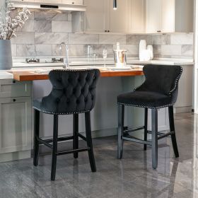 Contemporary Velvet Upholstered Wing-Back Barstools with Button Tufted Decoration and Wooden Legs;  and Chrome Nailhead Trim;  Leisure Style Bar Chair (Color: Black)