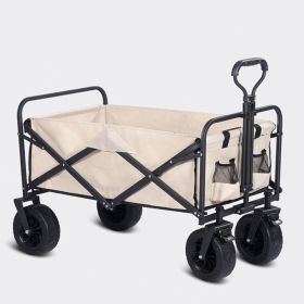 Folding Wagon Carts Collapsible Beach Wagon with Big Wheels for Sand 330lbs Capacity (Color: Khaki)