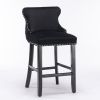 Contemporary Velvet Upholstered Wing-Back Barstools with Button Tufted Decoration and Wooden Legs;  and Chrome Nailhead Trim;  Leisure Style Bar Chair