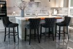 Contemporary Velvet Upholstered Wing-Back Barstools with Button Tufted Decoration and Wooden Legs;  and Chrome Nailhead Trim;  Leisure Style Bar Chair