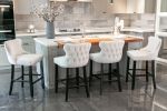 Contemporary Velvet Upholstered Wing-Back Barstools with Button Tufted Decoration and Wooden Legs;  and Chrome Nailhead Trim;  Leisure Style Bar Chair