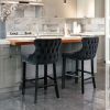 Contemporary Velvet Upholstered Wing-Back Barstools with Button Tufted Decoration and Wooden Legs;  and Chrome Nailhead Trim;  Leisure Style Bar Chair