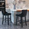 Contemporary Velvet Upholstered Wing-Back Barstools with Button Tufted Decoration and Wooden Legs;  and Chrome Nailhead Trim;  Leisure Style Bar Chair